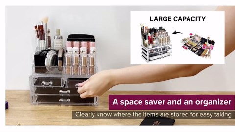 Ikee Design Acrylic Makeup Organizer with 4 Drawers and Removable Top Lipstick Holders, Ideal for Make-up or Accessories,Enhance Your Vanity or Bathroom with Clear Design for Quick Visibility