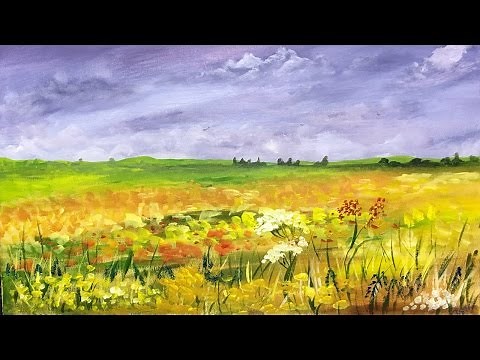 How to paint a Field of Flowers: Acrylic Landscape painting Lesson.