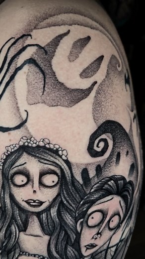 76 reactions · 5 comments | Another good session on this Tim Burton inspired piece! Can't wait to see this whole sleeve come together  . @magic_stencil_glue . . . #timburton #corpsebride #coraline #nightmarebeforechristmas #tattoo #blackworktatto #dotwork #dotworktattoo #stippletattoo #tattoos #tattooart #art #illustration #ohio #ohiotattooers #blackdagtattco | Justin Tyler Eldridge | Facebook