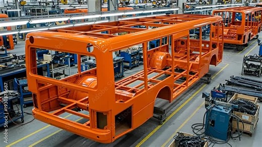 Industrial Assembly of Bus Chassis: Industrial scene featuring the assembly line of bus chassis painted in a vibrant orange hue. showcases the engineering prowess behind urban transportation.