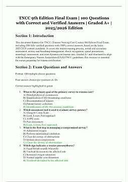 TNCC 9th Edition Final Exam 100 Verified Questions and Correct Answers A Graded 2025/2026 Edition