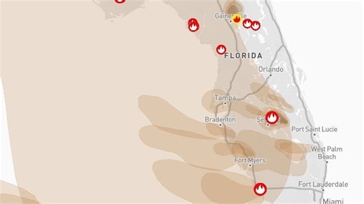 See latest wildfire map for Florida, showing active fires, smoke path