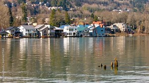Riverside Tranquility: 4K Video of Floating Homes on Willamette River, Portland, Oregon, USA