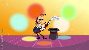 The cartoon magician on theatre stage. Looped cartoon animation of a smiling magician in black top hat showing a trick on theatre stage.