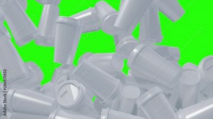 White plastic cups fill the picture and fall out again Loopable animation. 3D render. Chroma key.