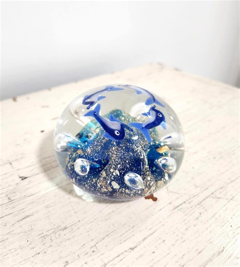 Fish Glass Paperweight, Solid Glass, Blue Fish With Gold and Bubbles - Etsy