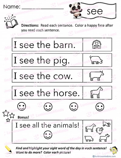 Reading Comprehension Worksheets - Reading with Sight Word: see