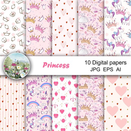 Princess Papers, Crown Vector Seamless Patterns, Kids Scrapbook Papers, Unicorn, Digital Download. - Etsy