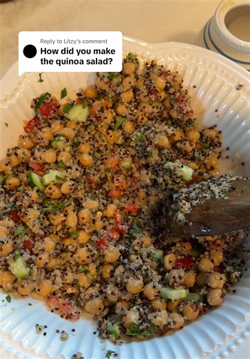 Replying to @Litzy Quinoa Salad🥗 1 cup quinoa 2 Cucumbers 2 Tomatoes 1 can of chickpeas Red onion if you like Some herbs (mint, cilantro) Splash of olive oil Half a lemon Salt Pepper You can add so many things into this salad I just used whatever I had in the fridge. Really yummy with feta cheese as well! #fyp #quinoasalad #salad #recipevideo #food