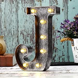 Retro Led Marquee Letter Lights - Industrial, Vintage Style Light Up Letters Alphabet Sign for Cafe Wedding Birthday Party Christmas Lamp Home Bar Initials Decor - J