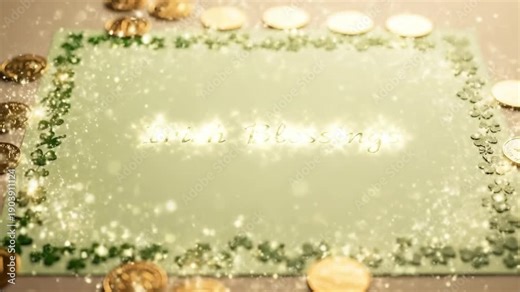 Irish blessings card with lucky shamrocks and gold coin changing to sparkle effect for St Patrick day