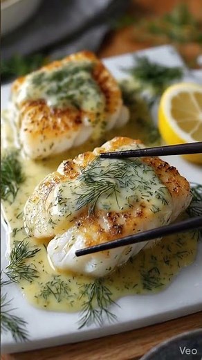 Baked Cod with Lemon Dill Sauce (20 Minutes) #mediterraneanfood #recipe #fblifestyle #fyp