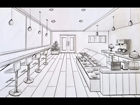 How to draw a coffee shop in one point perspective, fast