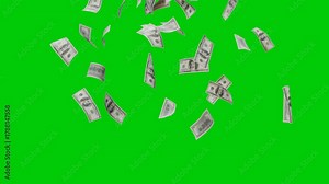 Banknotes money flying down animation. 3d money rain green screen, Money explosion overlay, dollars bills falling partical 4k video. Isolated Banknotes Overlay with Luma Matte.