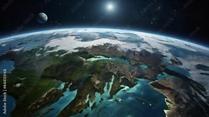 Earth from space, close-up view of planet earth rotation on its orbit from space and stars in the background, earth terrains seen from the space as a moving globe Generative AI