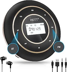 HOTT C105 Portable CD Player FM Transmitter Rechargeable Compact CD Player with Touch Buttons Backlit Display Black