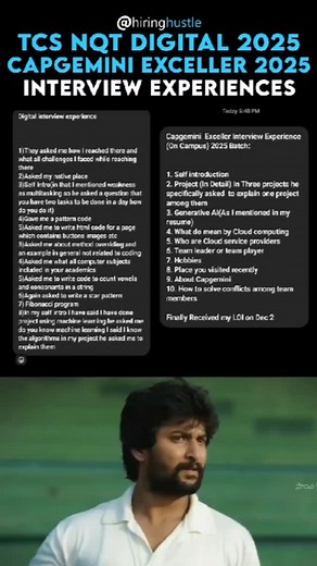 Hiring Hustle | TCS Nqt Digital and Capgemini exceller Interview experience 2025 | Instagram