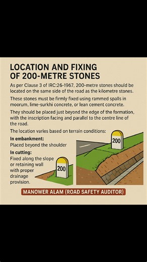 Know here how to place 200m stones and what types of materials are used in 200m stones on highways as per IRC standards. 🤔🚧💡🚗🛣️💨 #highway #roadsafetyawareness #roadsafety #reelschallengereelschallenge #reelsviralシfb #reelsfbシ #IRC #accident #driversafety | Manower Alam