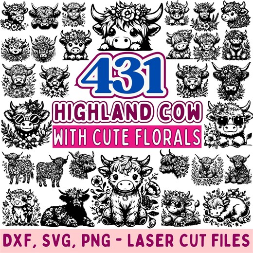 Floral Highland Cow SVG Bundle – Cute Farmhouse Cow Clipart for Cricut, Silhouette, Laser Cut & Engraving - Etsy
