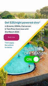 BUT WAIT, THERE’S MORE👇 HOW TO REDEEM As well as $25/night powered sites* at Summerstar Tourist Parks in Broome, Eighty Mile, Tom Price & Carnarvon from now until 31st March 2025, there is also $23/night unpowered sites* available at all four parks until 31st March 2025. *T&Cs apply, see website for details (link in bio) or visit www.summerstar.com.au/off-season-on HOW TO REDEEM 👇 🏕️ For $25/night powered sites, use the code OFFSEASON25 at the checkout when booking eligible stays. ⛺️ For $23/
