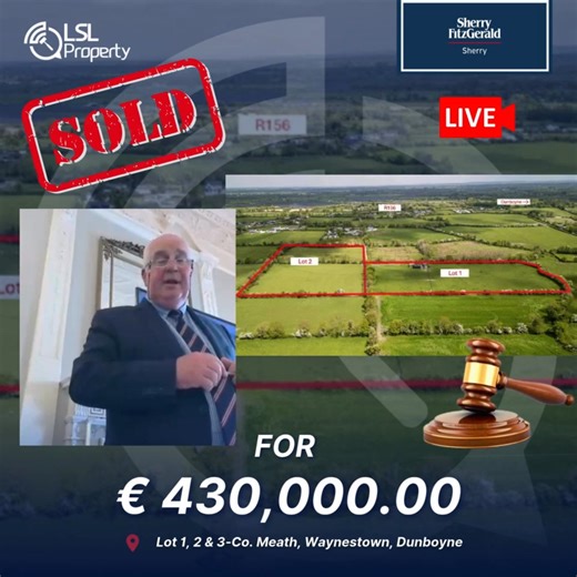 🎉Congratulations to Sherry FitzGerald Sherry ! 🥳 The Approx 7.37 Ha / 18.21 Acres excellent land holding, in nice divisions bordered by mature planting and natural hedgerows at Co. Meath, Waynestown, Dunboyne was sold for € 430,000.00! 👏 A fantastic result for these unique lands!🔥 #realestate #auctionsuccess #propertysales #investmentopportunity #propertyauction #sold #irelandproperty #meath #sherryfitzgeraldsherry #dunboynecastle | LSL Auctions