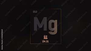 Magnesium as Element 12 of the Periodic Table. Seamlessly looping 3D animation on grey illuminated atom design background with orbiting electrons. Design shows name, atomic weight and element number