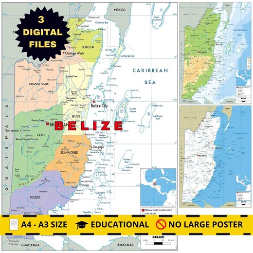 Belize Map Set – Political, Physical & Roads (printable) - Etsy