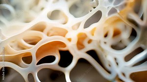 The macro photograph reveals an extensive network of microscopic fungal hyphae in creamywhite hues. It ss out of the foreground of the microscope video meandering off in different