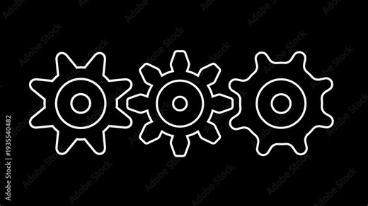 Looping cogwheels spinning outline alpha channel isolated animation motion graphics. Gears running 4k video to use for technology, business, mechanics, engineering video projects.