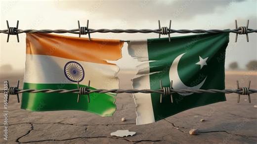India and Pakistan flags separated by barbed wire symbolize strained relations, offering a poignant visual for geopolitical commentary and international affairs reports