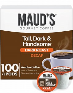 Maud's Decaf Dark Roast Coffee Pods, Tall Dark and Handsome, Compatible w/ K-Cup Brewers, 100ct