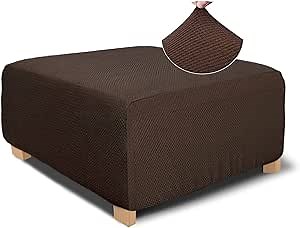 NeColorLife Rectangle Ottoman Cover Jacquard Fabric Slipcover Thick Stretchable Footrest Stool Covers for Oversized Square and Rectangle Ottoman,Medium,Brown