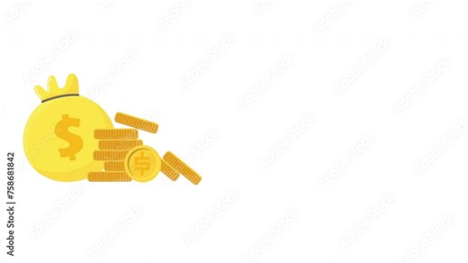 Money bag animation, saving, stack of coins and dollars. Great for Content Money saving, deposit, putting, investing.