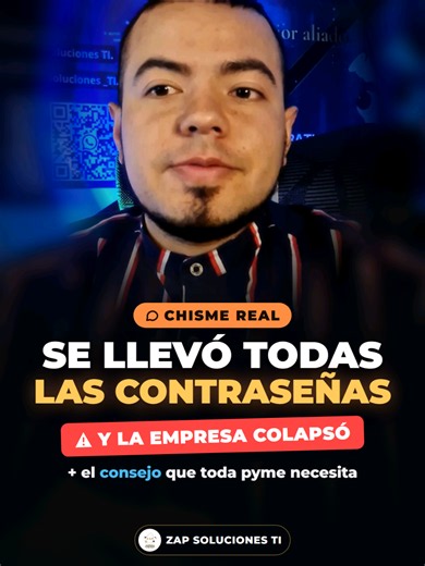 ¿Tu ingeniero se va… y se lleva todas las contraseñas? 😳🔑 Le pasó a un cliente (caso real, nombre confidencial): servidor caído, equipos bloqueados, sin contraseñas, sin manuales… y sin poder facturar. 💡 El consejo para tu pyme: ✅ Ten TÚ el control de tu infraestructura (contraseñas, servidores, correos) ✅ Trabaja con soporte TI bajo contrato y con alcances claros ¿Te ha pasado algo parecido? Te leo en los comentarios 👇 En Zap Soluciones TI te ayudamos a tomar el control de tu tecnología. 🌐