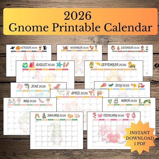 Printable 2026 Gnome Calendar, Monthly Planner PDF, Seasonal Gnome Themes, Weekly Notes Layout, Home Organizer, Classroom Schedule Pages Set - Etsy Canada
