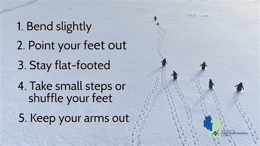 Walking on ice is dangerous and can cause serious falls on driveways, steps, and porches. Use rock salt or sand to melt the ice on driveways and sidewalks. If walking on ice can’t be avoided, walk like a penguin! o Bend slightly and point your feet out – this increases your center of gravity o Stay flat-footed o Take small steps or shuffle your feet o Keep your arms out to your sides to help with balance. Prepared Penguins: Tips for a Safe and Healthy Winter | Blogs | CDC | Polk County Wisconsin