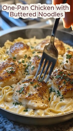 One-Pan Chicken with Buttered Noodles Easy, buttery, and packed with flavor, this one-pan wonder delivers juicy chicken and tender noodles in a rich, savory sauce, all in under an hour. Ingredients: 4 boneless, skinless chicken thighs or breasts Salt and pepper, to taste 2 tablespoons olive oil 2 tablespoons butter 3 cloves garlic, minced 2 cups chicken broth 8 oz egg noodles (uncooked) 1/2 cup grated Parmesan cheese 2 tablespoons fresh parsley, chopped (optional) Instructions: Season chicken wi