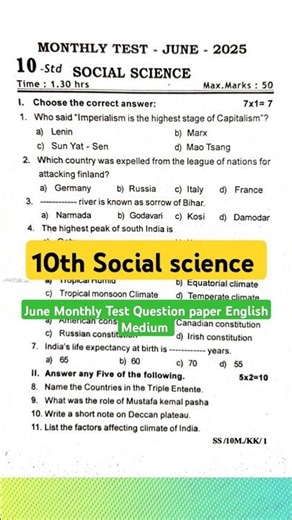 10th Social science June Monthly Test Question paper 2026 Important Questions