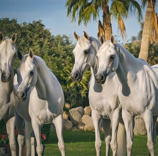 🌟 The Majestic White Arabians 🌟 There’s something truly breathtaking about Arabian horses. Known for their elegance, intelligence, and unmatched beauty, they carry a history that goes back thousands of years. These four white Arabians are the perfect picture of grace—standing tall with their refined features, expressive eyes, and arched necks. Their bond with one another is just as beautiful as their appearance, reminding us that even the most powerful creatures thrive in companionship. 🐎✨ Th