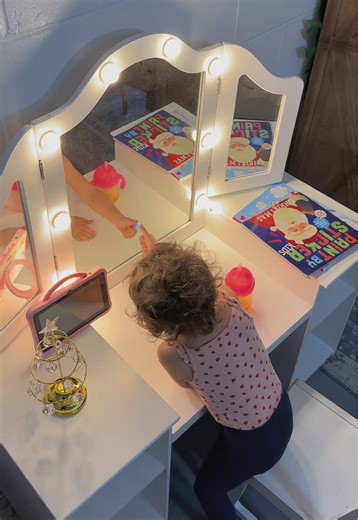 GARVEE Wooden Vanity Table and Chair Set for Children with Lighted Mirror, Makeup Storage Rack, Brush Holder, and Stool - Perfect Pretend Play Dressing Table #woodenvanity #kidsvanity #vanity #holidayhaul #girls