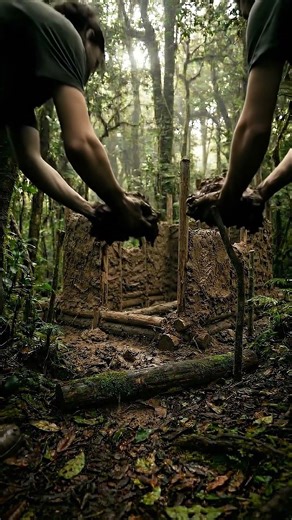 Construyendo un Refugio Primitivo en la Selva 🌿🏡 (De 0 a COMPLETO en segundos)