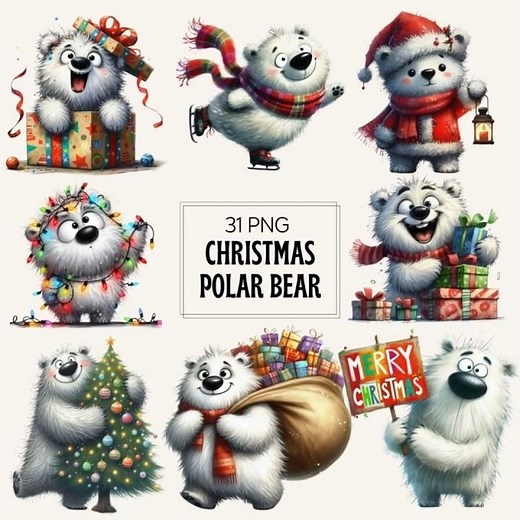 Funny Polar Bear Clipart Bundle: Watercolor Christmas PNGs (Digital Download)
