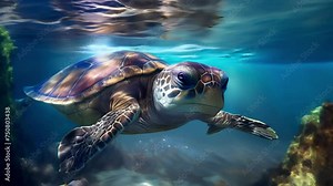 A large aquatic turtle swims in the ocean underwater. Illustration