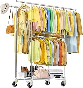 100% Stainless Steel Heavy Duty Clothes Rack Load 960LBS, Three Rods Clothing Racks for Hanging Clothes Extendable，Rolling Garment Rack With Sturdy Wheels Shelves Hooks, Portable Closet Wardrobe Rack