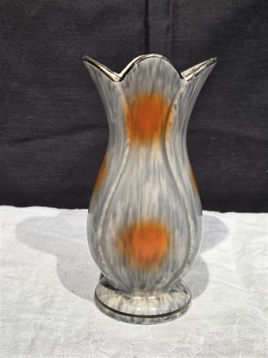 West German Art Pottery Vase Gilt Rim Grey and Orange Drip Glaze - Etsy UK
