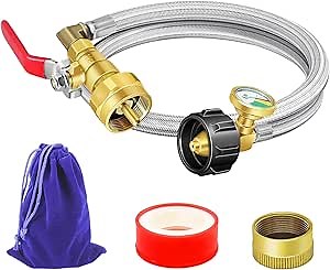 Upgraded Refill Adapter Hose With Gauge and ON/Off Valve, 36" Propane Extension Kit, 1LB Filling Hose Set With Bottle Cap, Roll Sealing Tape (Stainless Steel)