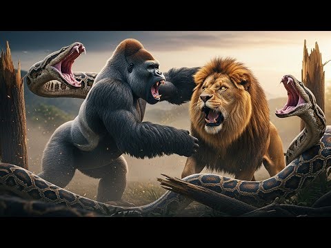 Gorilla vs Lion – When the Giant Python Joins the Fight Wildlife Battle Ground