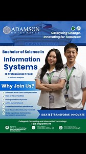 Ready to Lead the Future of Tech? Enroll and be part of Adamson University’s College of Computing and Information Technology (CCIT). Program Offerings: 🔹 BS in Computer Science 🔹 BS in Information Technology 🔹 BS in Information Systems 🔹 Master in Information Technology At CCIT, you’ll gain not only technical skills but also the mindset to lead in a rapidly evolving digital world. 📌 Applications are now open! #AdUCCIT #AdUMITProgram #LeadInTech #CatalyzingChangeInnovatingForTomorrow #Choose