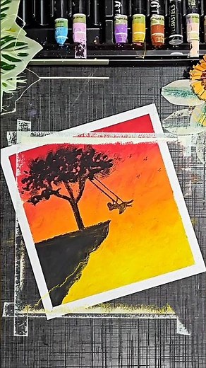 Easy Sunset Swing Girl Art with Oil Pastels #shorts #art #success