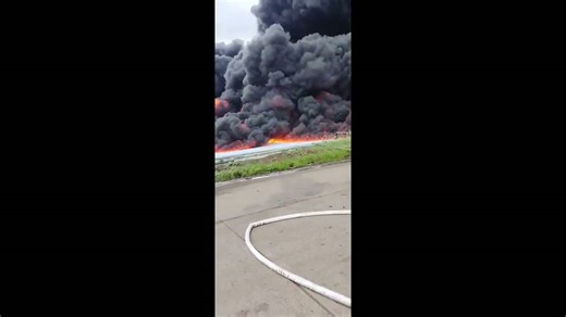 Fire burns in slop pool at Esmeraldas oil refinery in Esmeraldas, Ecuador
